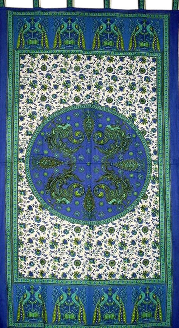Peacocks Tab Top Curtain Drape Panel Cotton 44" x 88" Blue