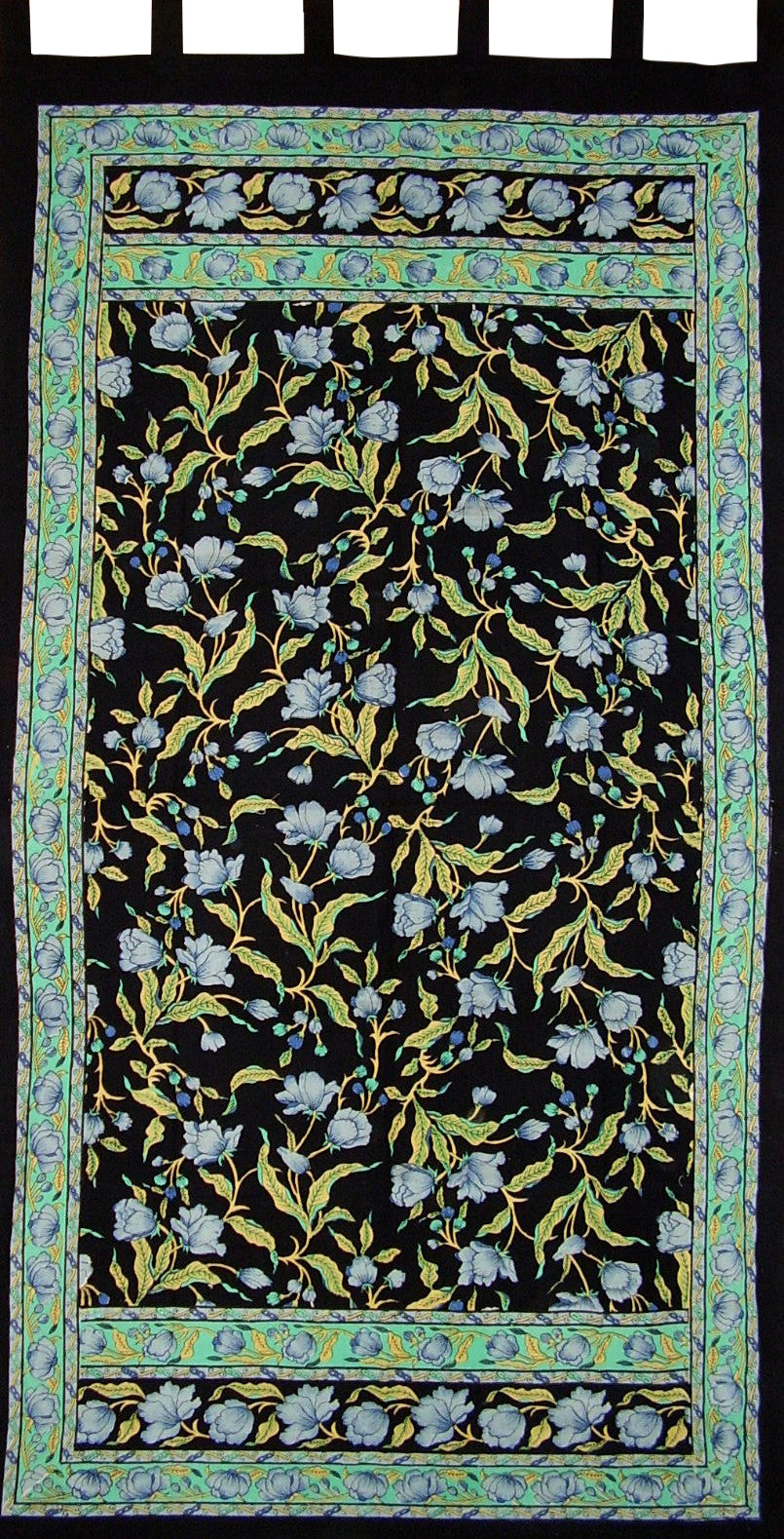 French Floral Tab Top Curtain Drape Panel Cotton 44" x 88" Blue Black