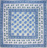 Lotus Flower Block Print Floral Square Cotton Tablecloth 60" x 60" Blue