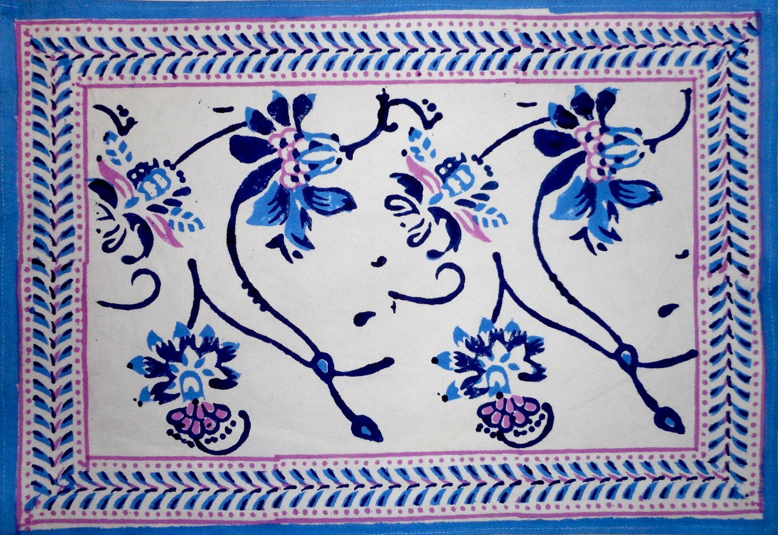 Ajit Flowers Block Print Cotton Table Placemat 20" x 14" Blue