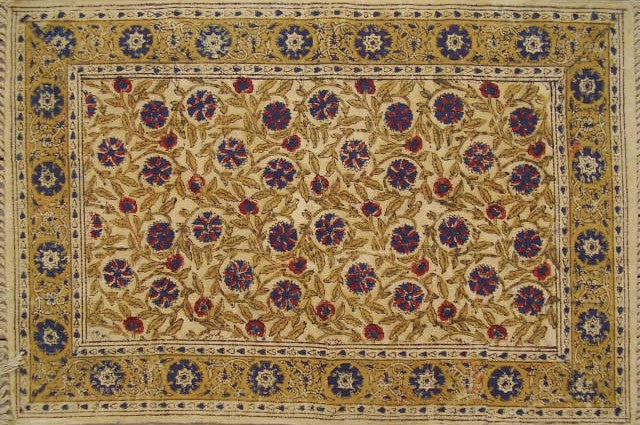 Hand Block Print Veggie Dye Cotton Rug Mat Dianthus Wheat 2' x 3'
