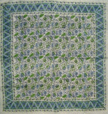 Floral Block Print Scarf Soft Light Cotton 42 x 42 Blue n Green