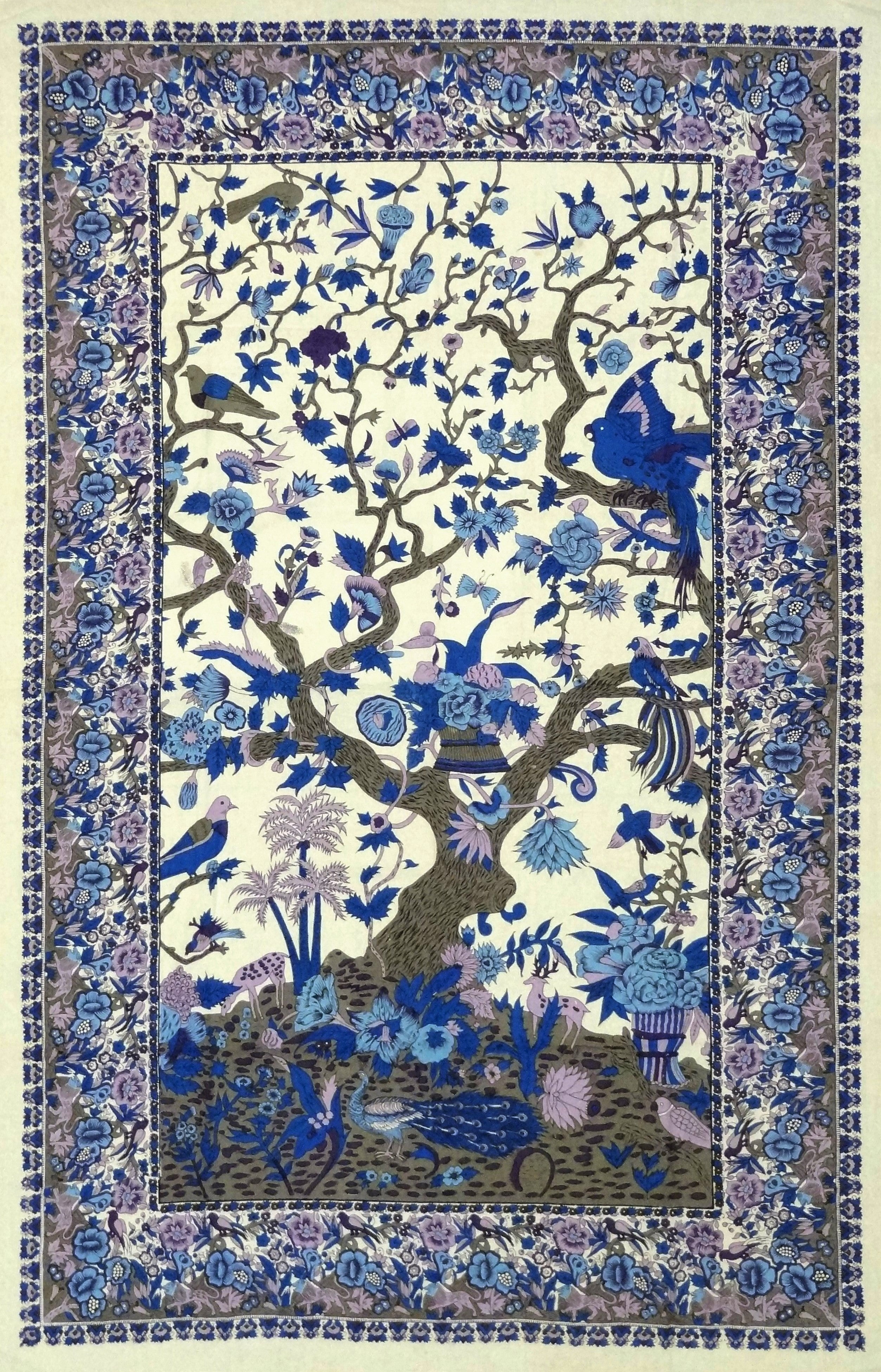 Tree of Life Tapestry Cotton Bedspread 106" x 88" Full-Queen Blue/Purple