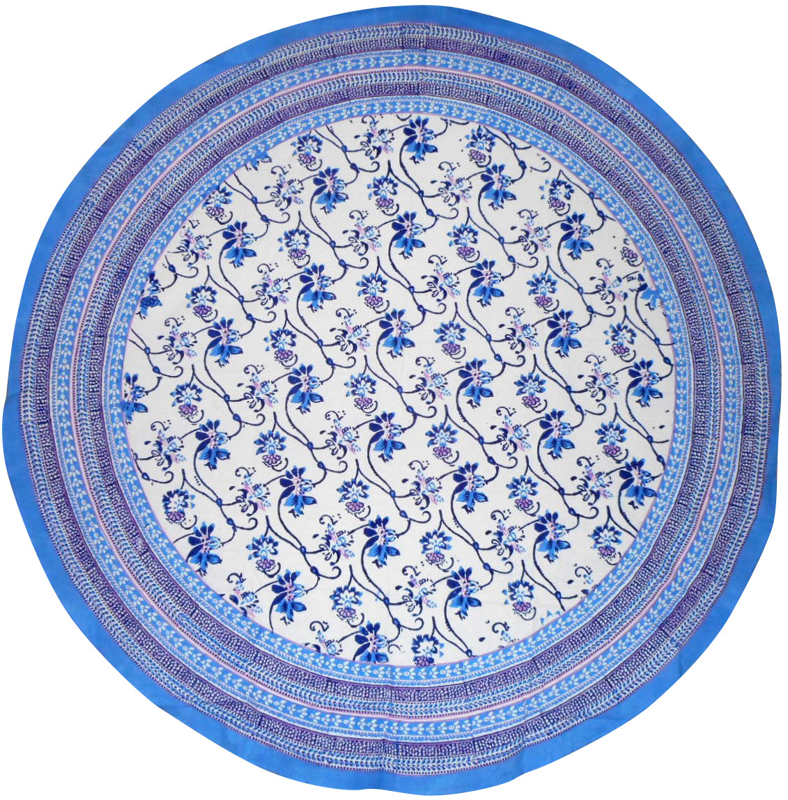 Ajit Flowers  Block Print Round Cotton Tablecloth 70" Blue