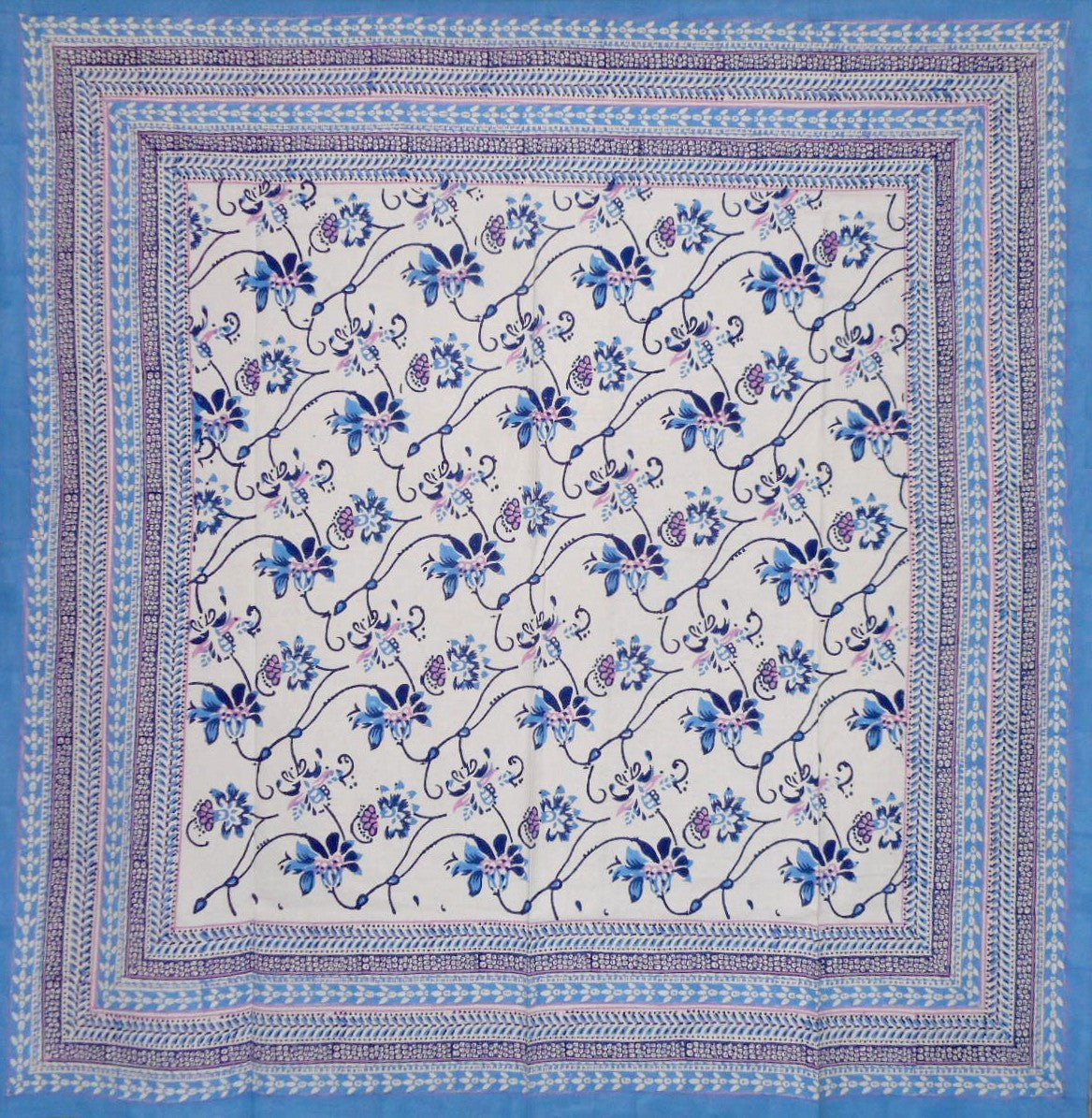 Ajit Flowers  Block Print Square Cotton Tablecloth 60" x 60" Blue