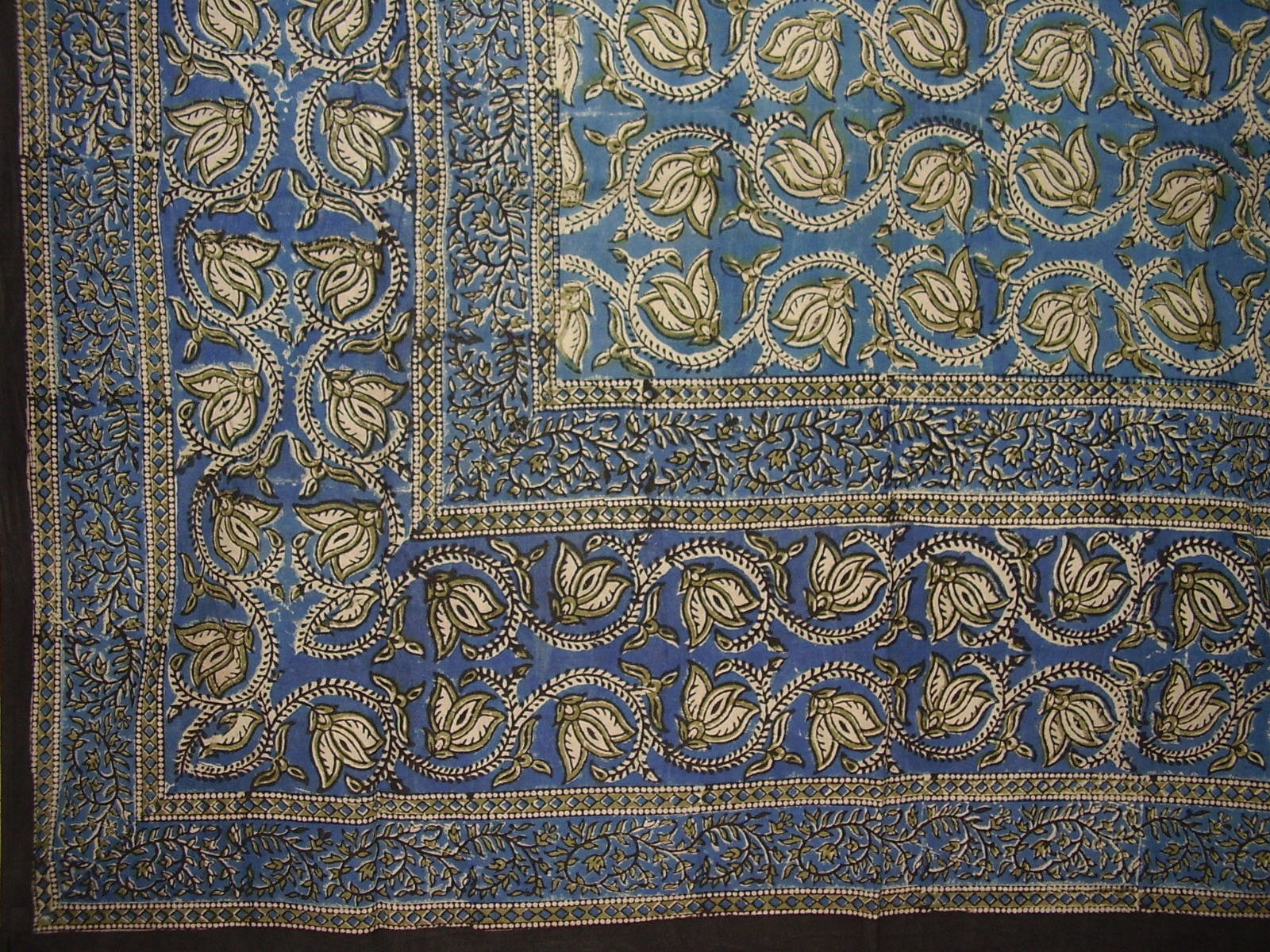 Dabu Hand Block Printed Floral Cotton Tablecloth 86" x 60" Blue