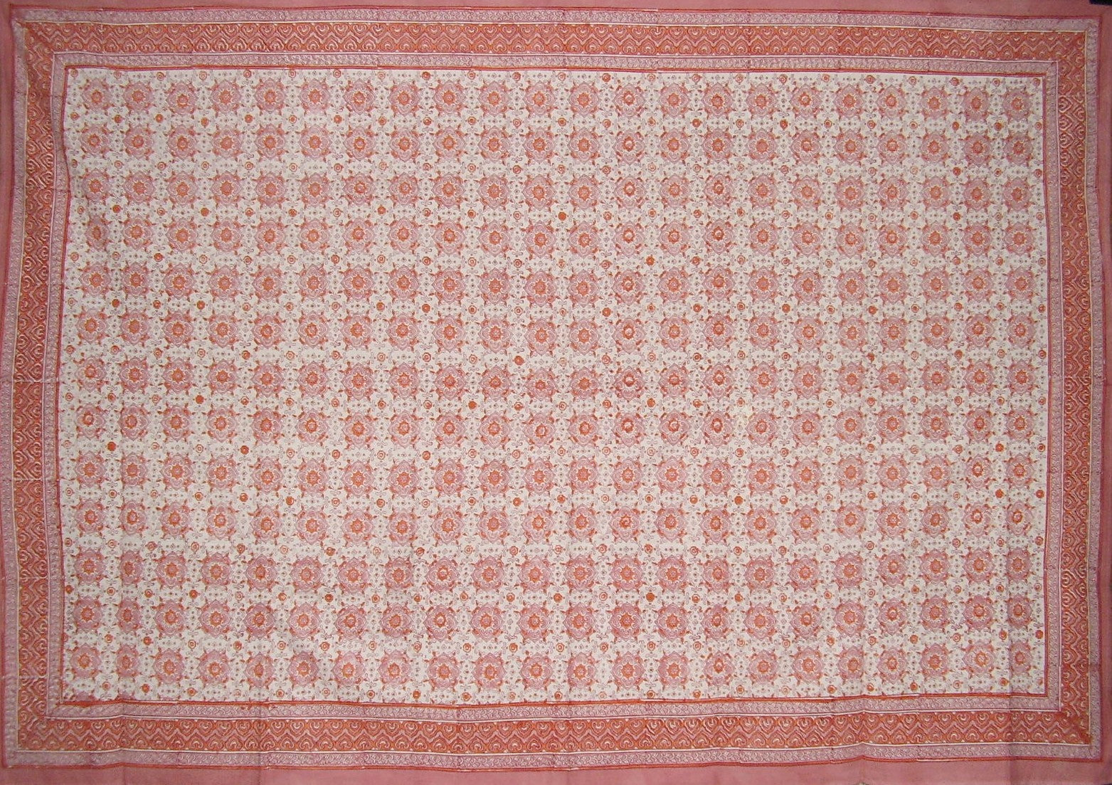 Tile Block Print Cotton Tablecloth 86" x 60" Coral
