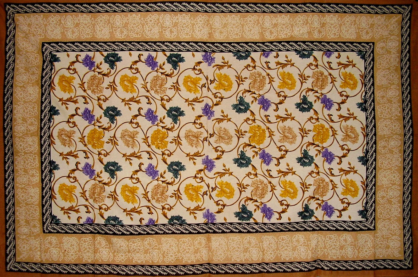 Mediterranean Floral Tapestry Cotton Bedspread 104" x 70" Twin Tan
