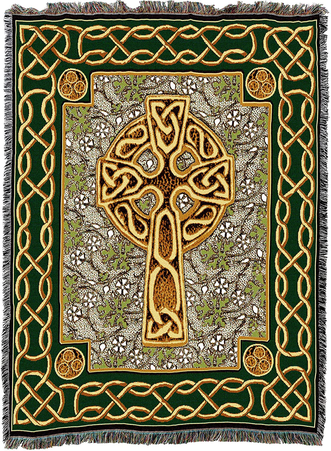 Celtic Cross Woven Tapestry Throw Blanket with Fringe Cotton USA 72x54