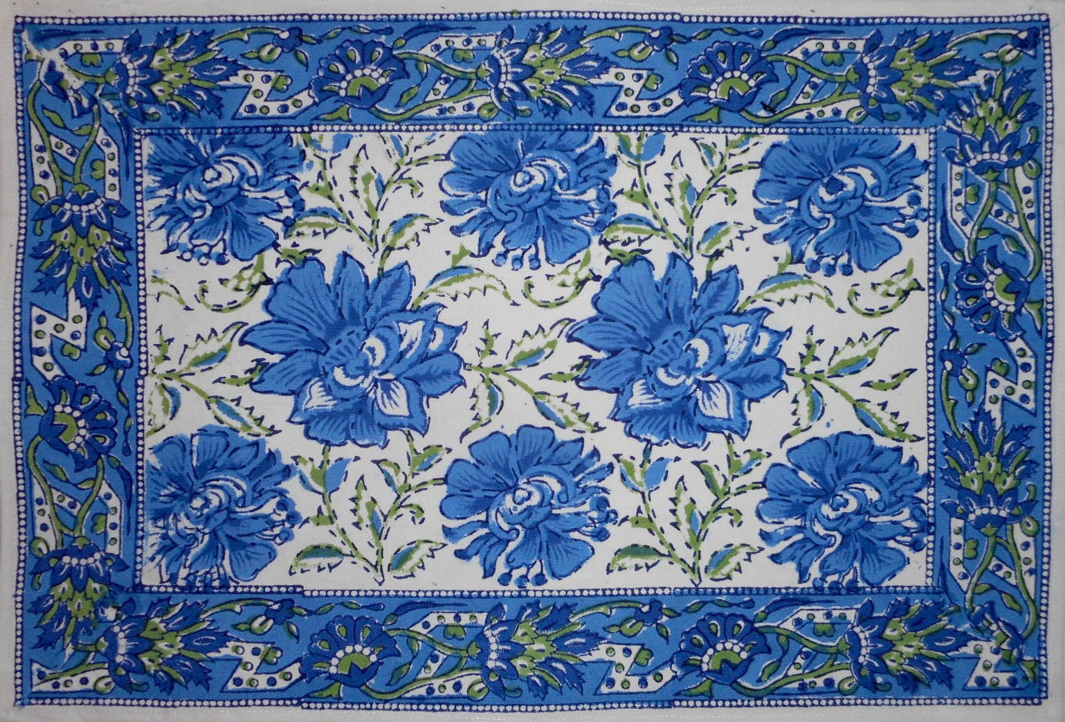 Lotus Flower Block Print Cotton Table Placemat 20" x 14" Blue