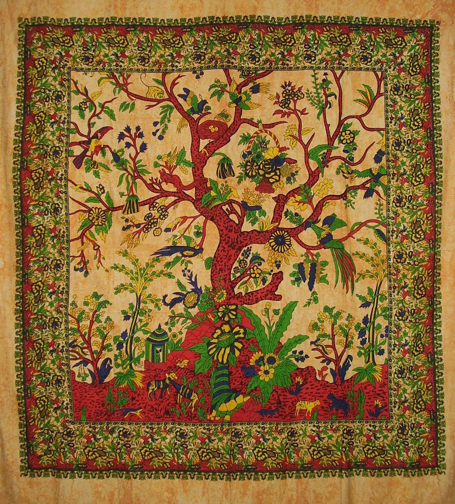 India Arts Tree of Life Tapestry Cotton Bedspread 98" x 86" Full Amber