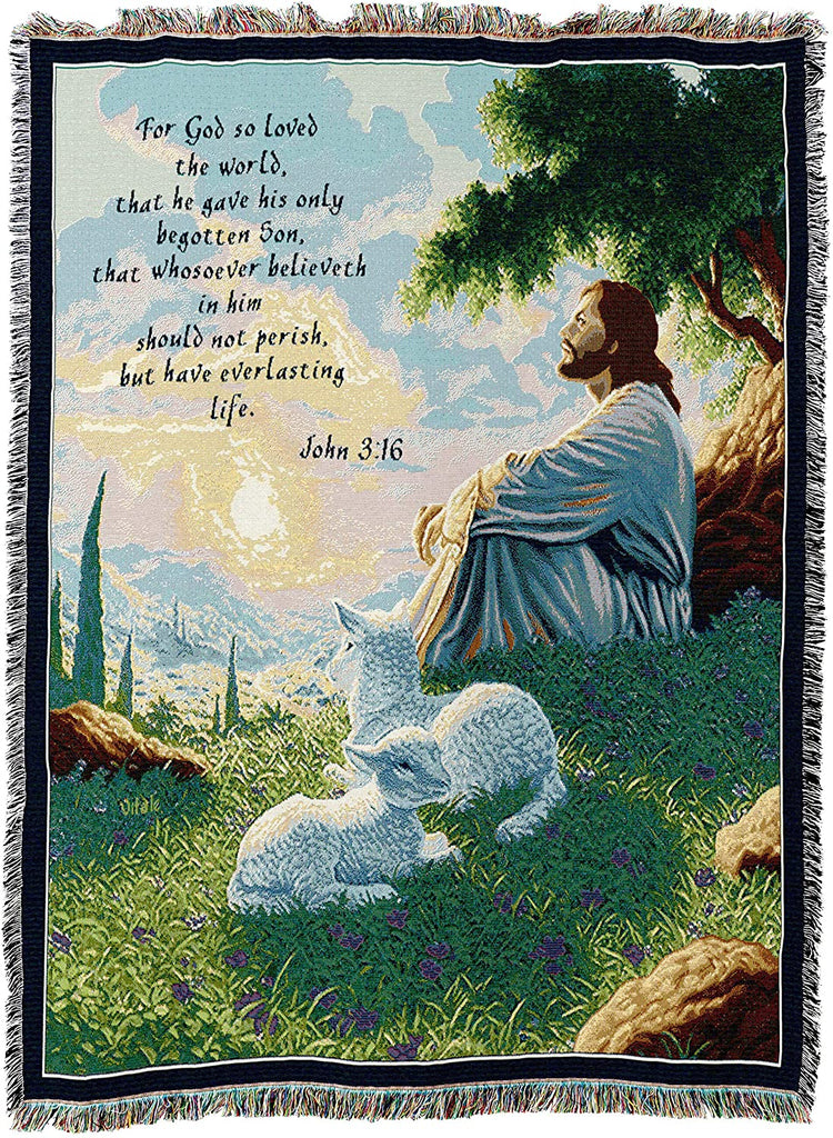 John 3:16 Jesus with Lamb Inspirational Green Pastures Woven Tapestry Throw Blanket with Fringe Cotton USA 72x54