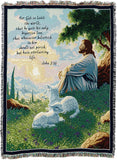 Jonas 3:16 Jėzus su ėriuku Įkvepiančios žalios ganyklos, austa gobeleno antklodė su kutais medvilnės JAV 72x54