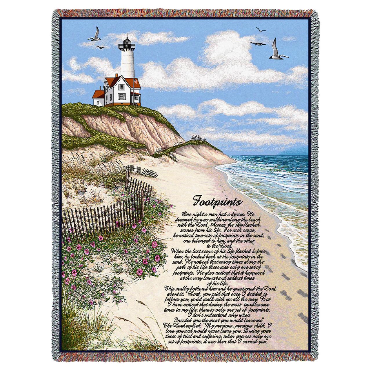 Cobertor de tapeçaria inspiradora de pegadas de Jesus na areia com franjas de algodão EUA 72x54
