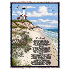 Jezusove stopinje v pesku, navdihujoča tkana odeja iz tapiserije z resicami, bombaž, ZDA 72x54