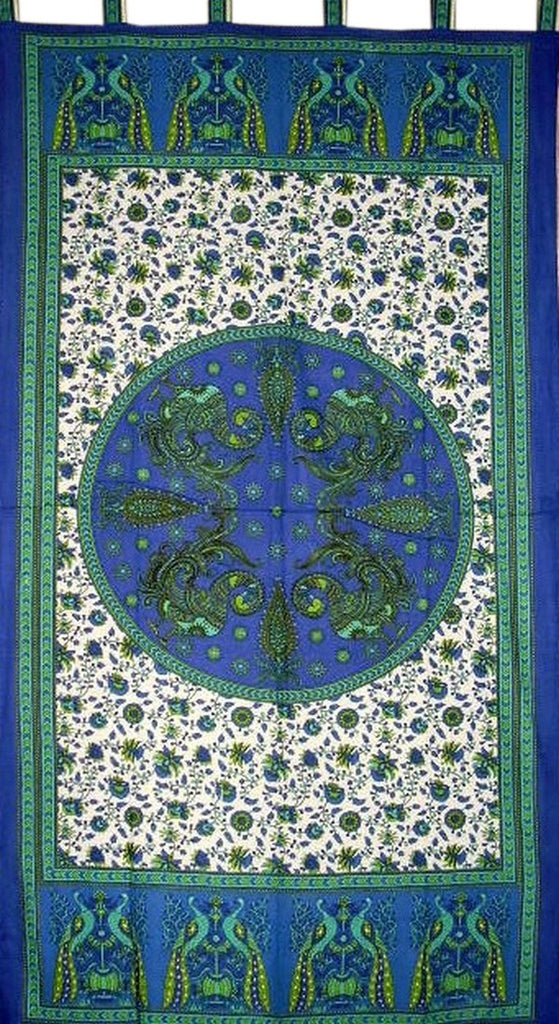 Peacocks Tab Top Curtain Drape Panel Cotton 44" x 88" Blue