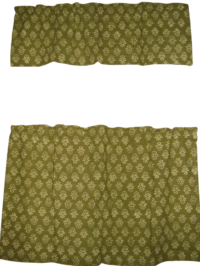 Cafe Curtain with Valance Block Print Cotton 44" x 30" Olive Green