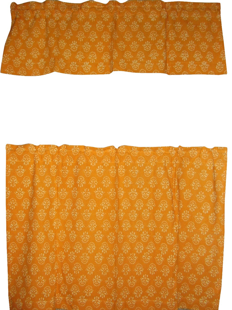 Cafe Curtain with Valance Block Print Cotton 44" x 30" Saffron