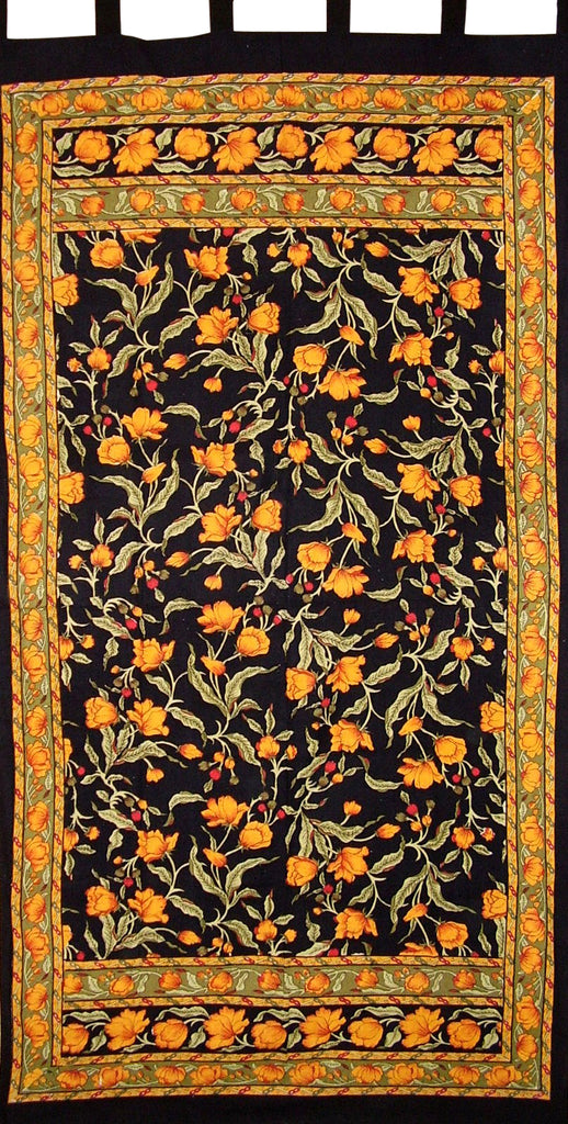 Γαλλικό Floral Tab Top Curtain Drape Panel Cotton 44" x 88" Amber Black