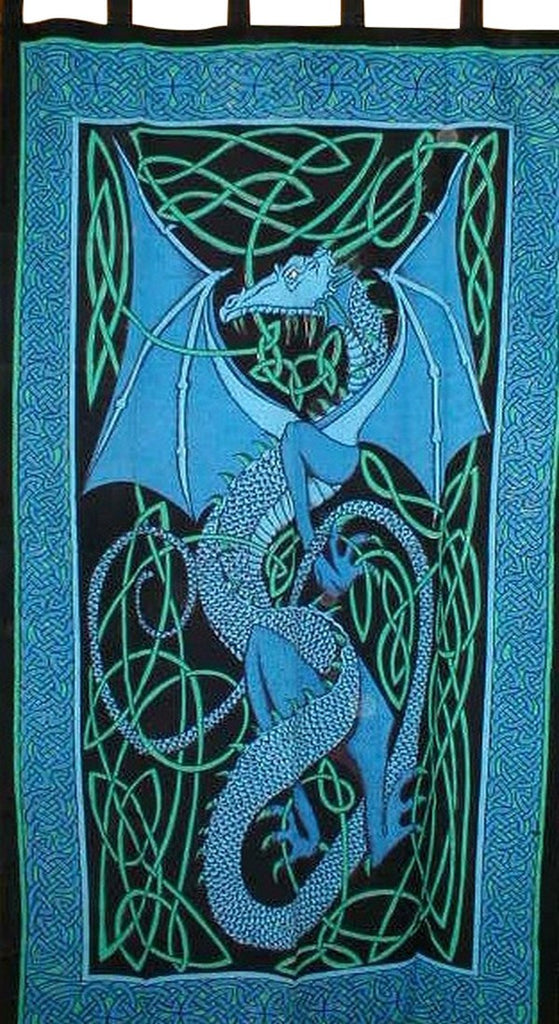 Celtic Dragon Tab Top Curtain Drape Panel Cotton 44" x 88" Blue