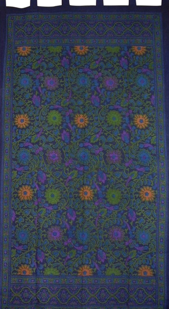 向日葵印花标签顶部窗帘悬垂面板棉质 44 英寸 x 88 英寸蓝色
