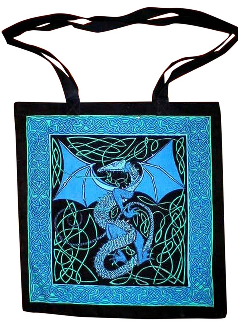 Borsa tote con drago celtico in cotone fondo piatto 16 x 17 blu