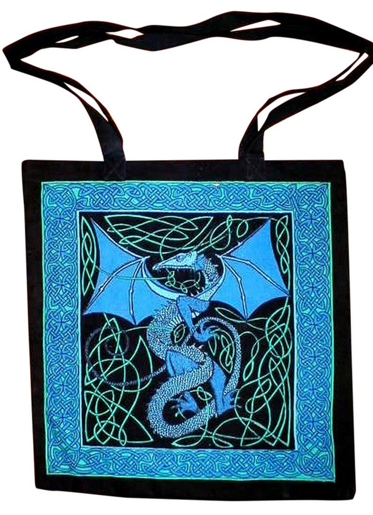 Celtic Dragon Tote Bag Cotton Flat Bottom 16 x 17 Blue