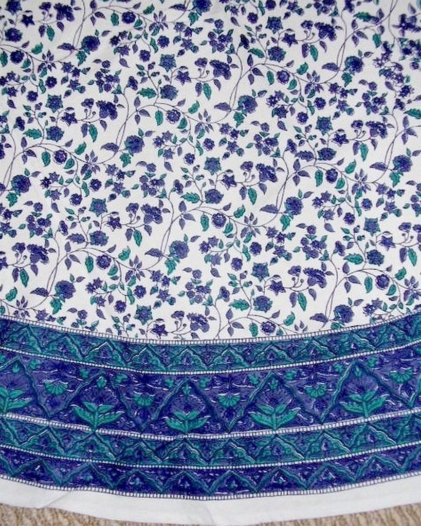 Fleur De Lis Round Cotton Tablecloth 72" Blue