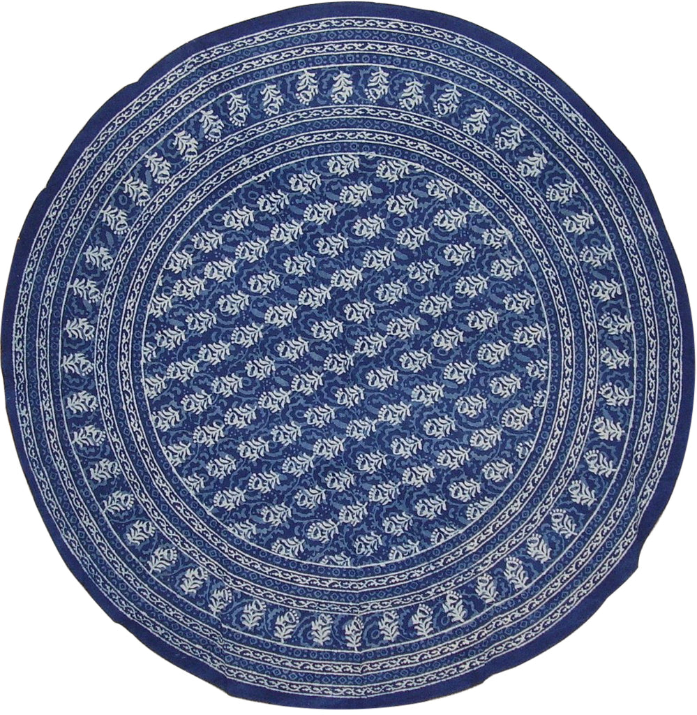 Block Print Round Cotton Tablecloth 72" Indigo Blue