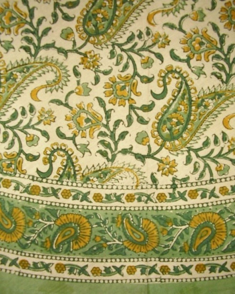 Block Print Rajasthan Paisley Round Cotton Tablecloth 72" Green