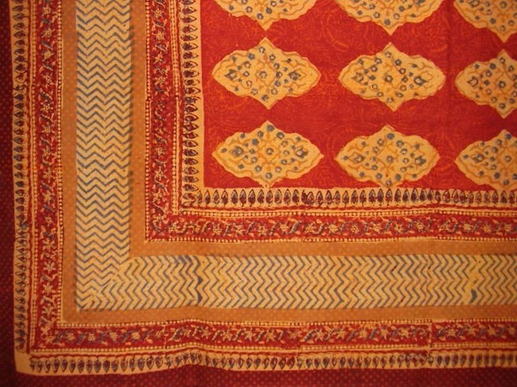 Kensington Block Print Cotton tablecloth 90" x 60" Red Orange
