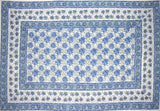 Lotus Flower Block Print Floral Cotton Tablecloth 90" x 60" Blue