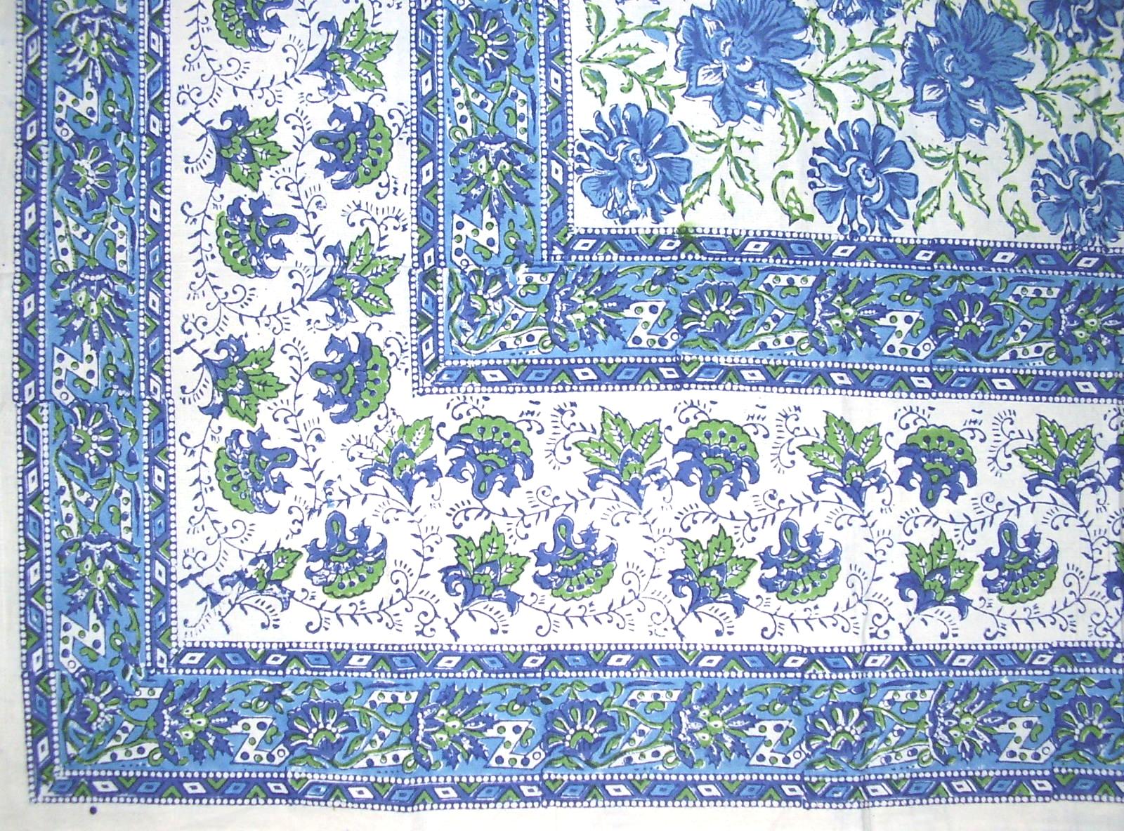 연꽃 블록 프린트 꽃무늬 면 식탁보 90" x 60" 블루