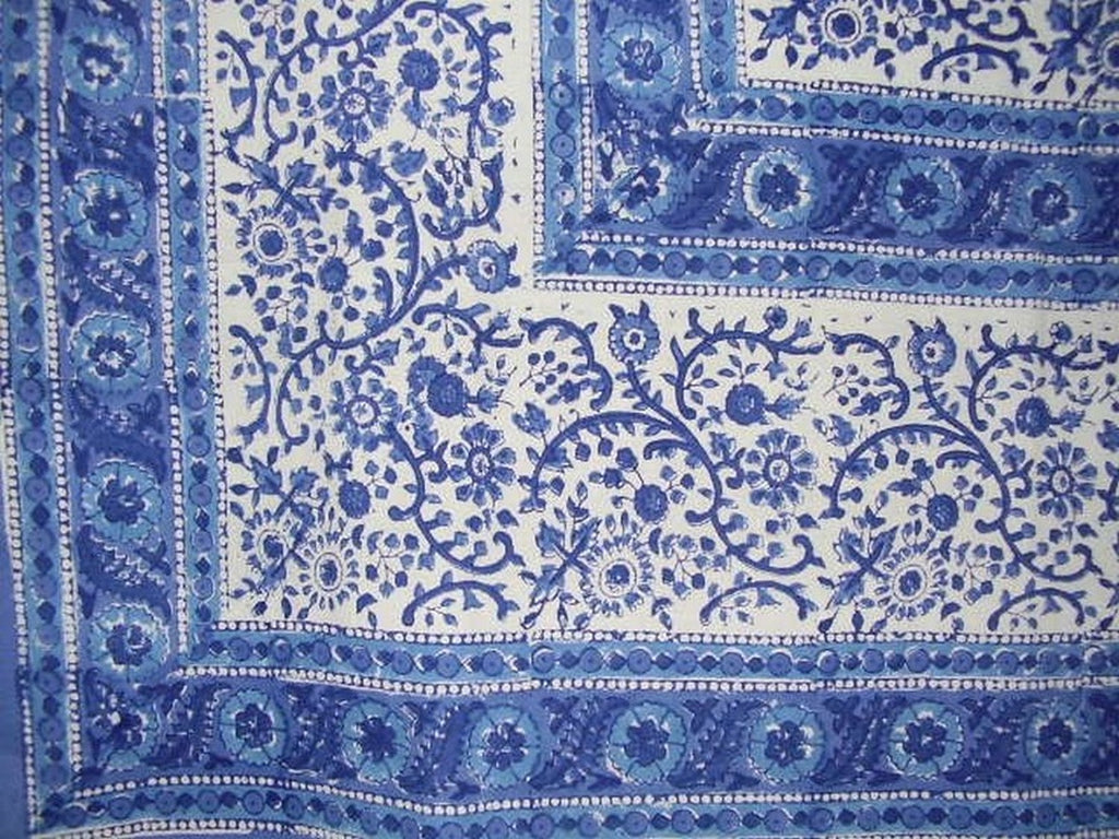 مفرش طاولة من القطن بطباعة كتلة راجاستان مقاس 100 بوصة × 70 بوصة باللون الأزرق