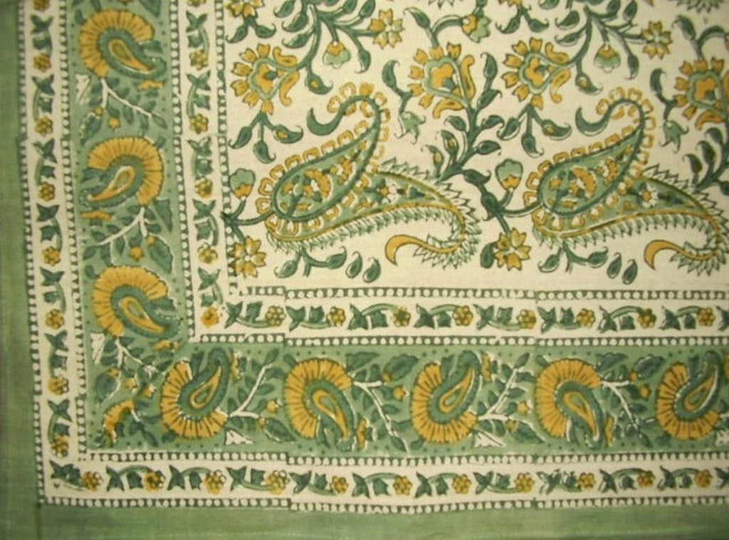 Block Print Rajasthan Paisley Square Cotton Tablecloth 60" x 60" Green