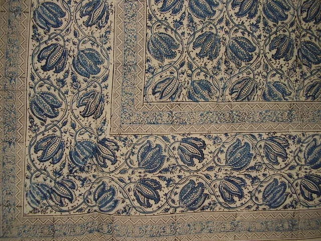 Veggie Dye Block Print Square Cotton Tablecloth 60" x 60" Blue
