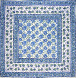 Lotus Flower Block Print Floral Square Cotton Tablecloth 60" x 60" Blue
