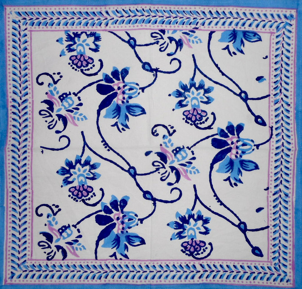 Ajit Flowers Block Print  Cotton Table Napkin 20" x 20" Blue