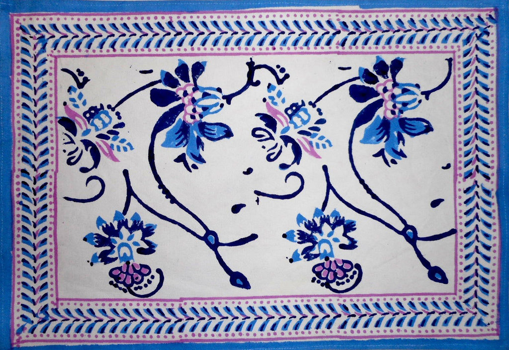 Ajit Flowers Block Print Cotton Table Placemat 20" x 14" Blue