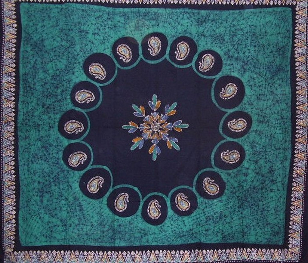 Batik-Wandteppich-Tagesdecke aus Baumwolle, 274 x 223 cm, Full-Queen-Grün