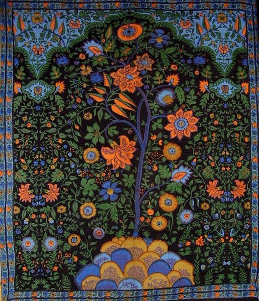 Colcha de algodón con tapiz del árbol de la vida, 108" x 88", Full-Queen, color negro