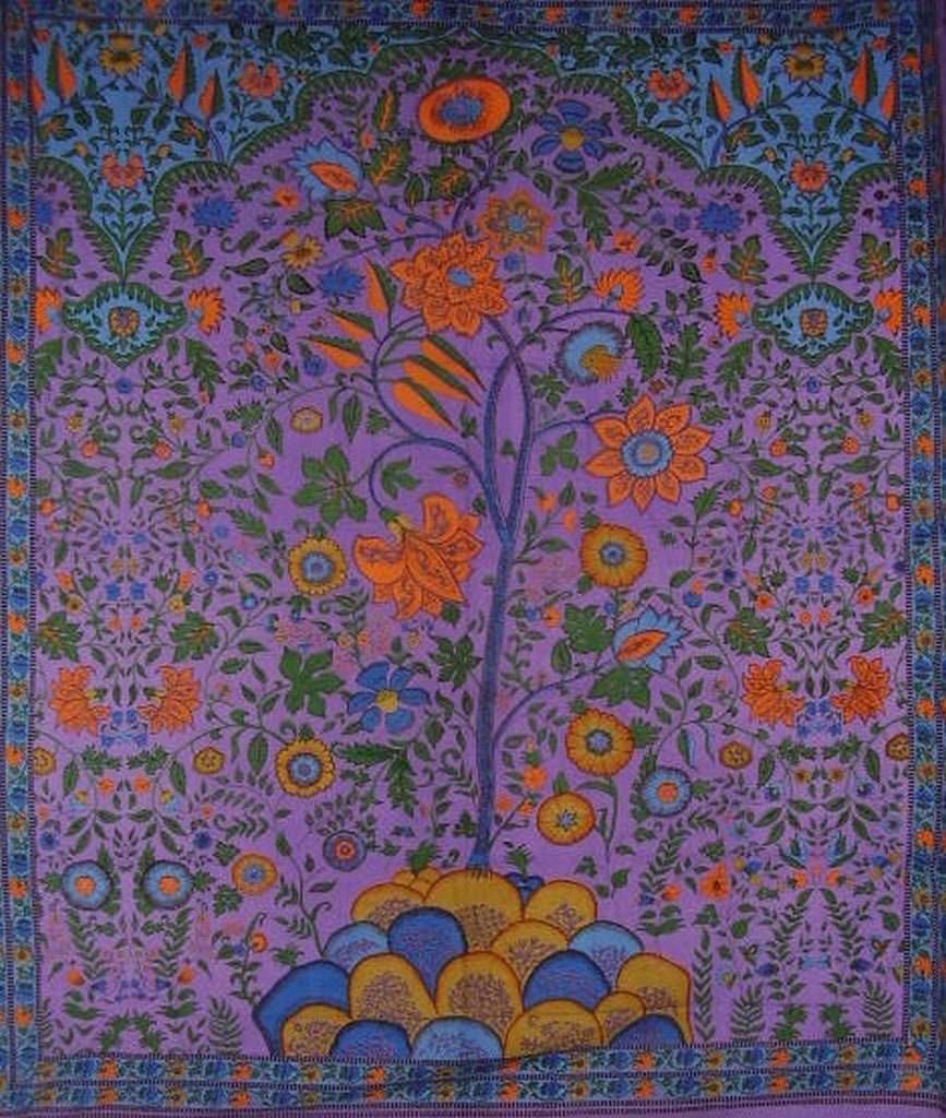 Colcha de algodón con tapiz del árbol de la vida, 108" x 88", tamaño Full-Queen, color morado