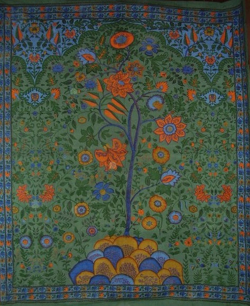 Tree of Life Tapestry Cotton Bedspread 108" x 88" Full-Queen Green