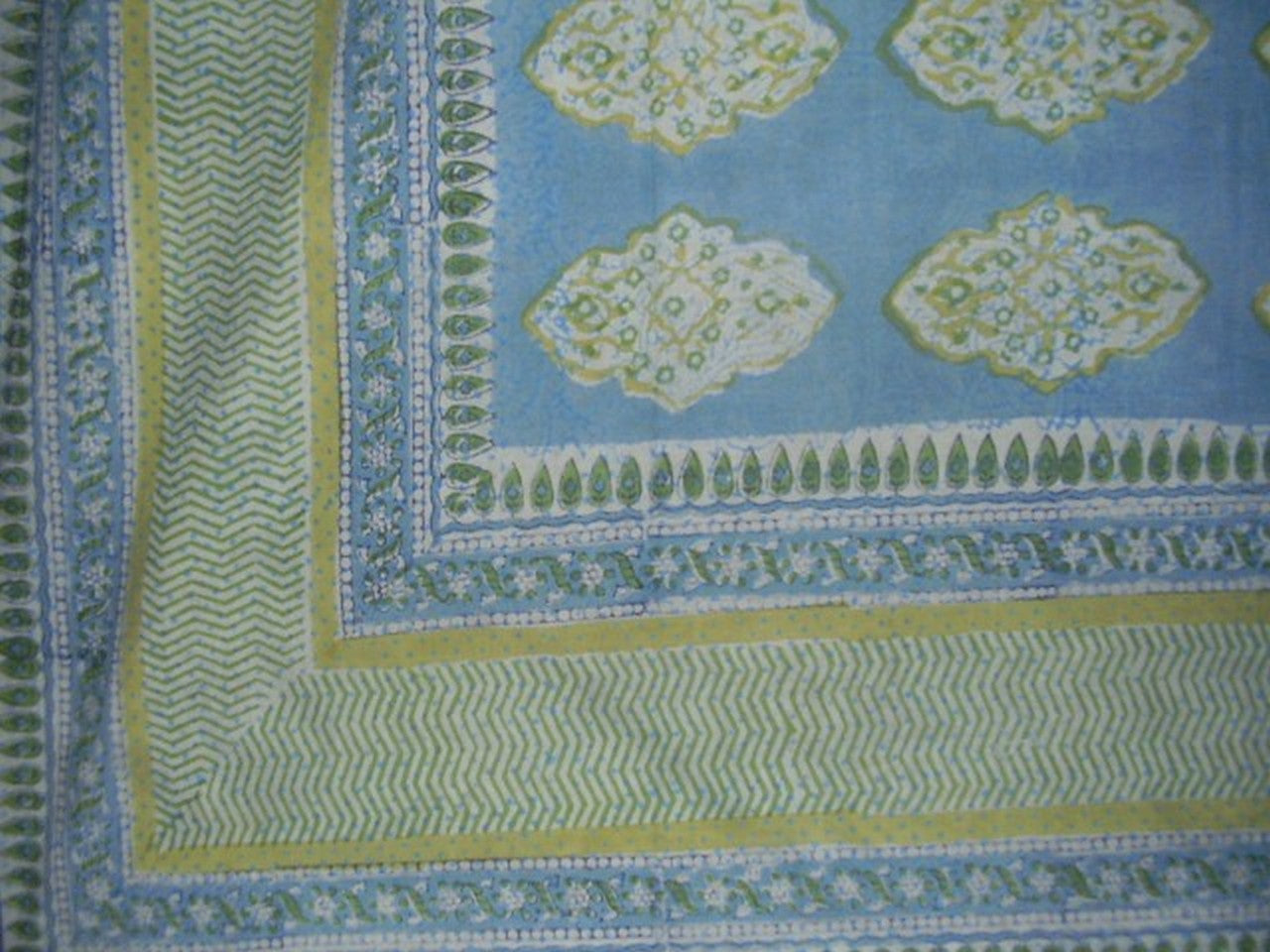 Kensington Block Print Tapestry Cotton Bedspread 108" x 88" Full-Queen Blue