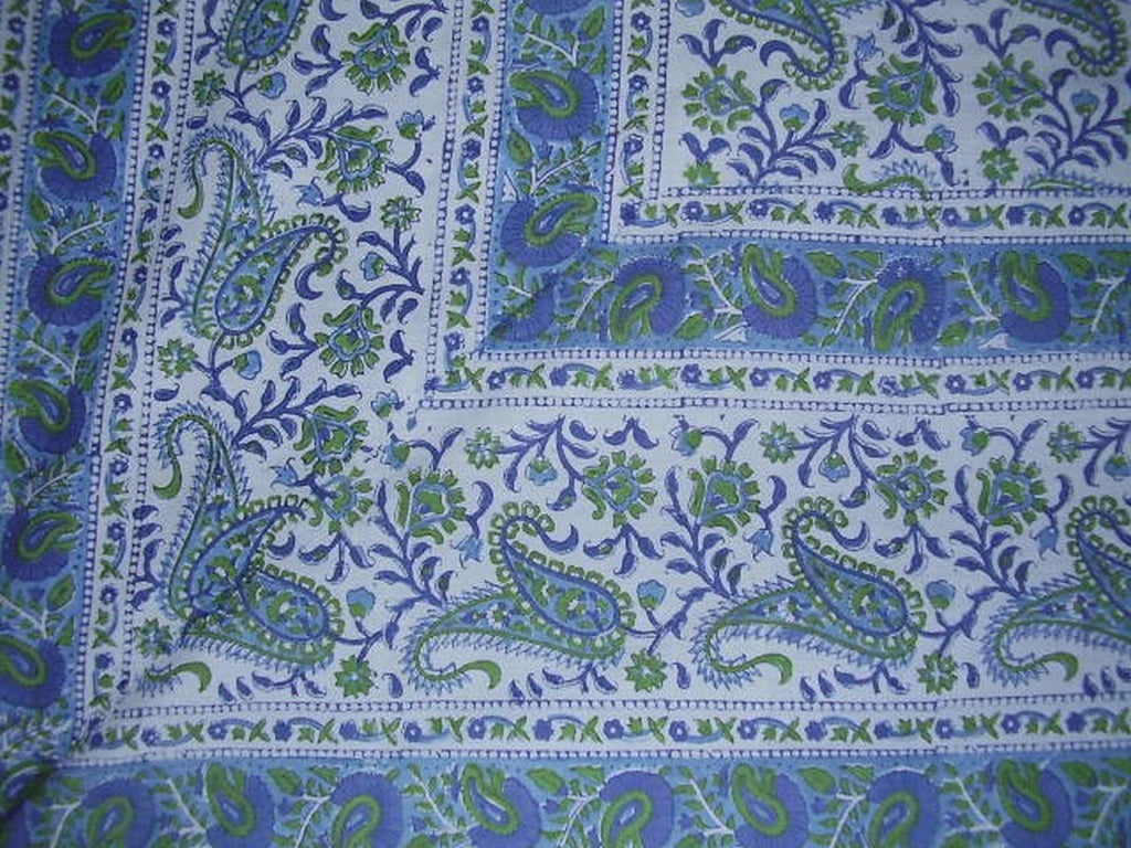 Rajasthan Block Print Paisley Tapestry Cotton Bedspread 104" x 70" Twin Blue