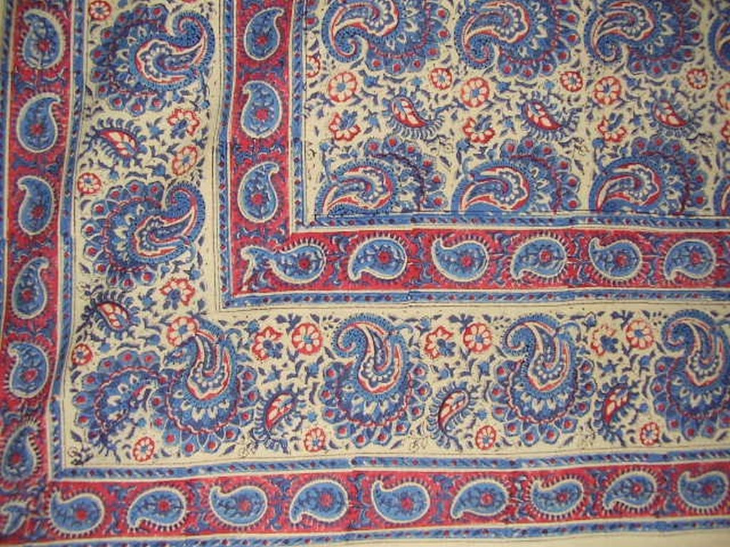 Block Print Indian Tapestry Cotton Bedspread 108" x 88" Full-Queen Blue