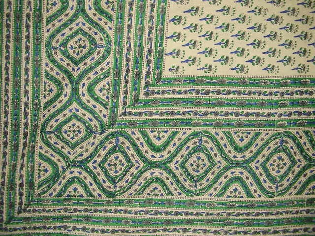 Block Print indiai gobelin pamut ágytakaró 108" x 88" Full-Queen Green