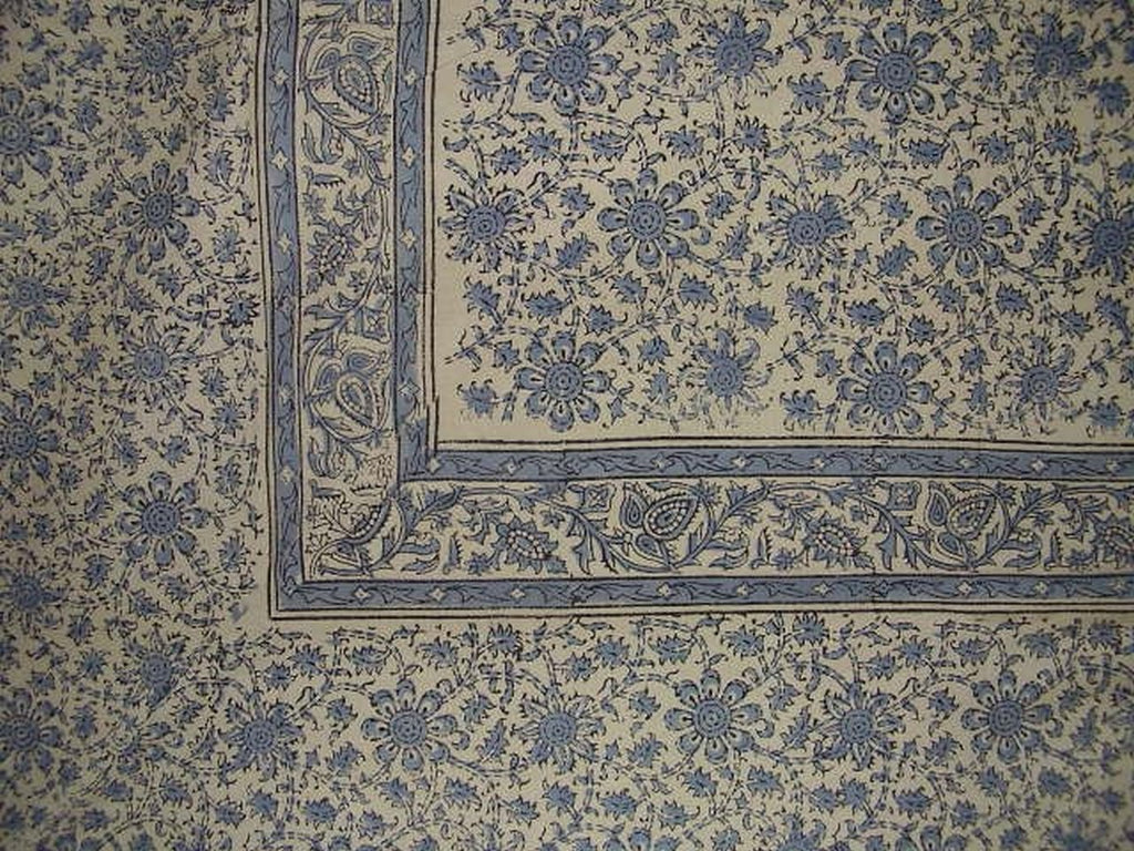 Daisy Chain Block Print Tapestry Cotton Bedspread 108" x 88" Full-Queen Blue