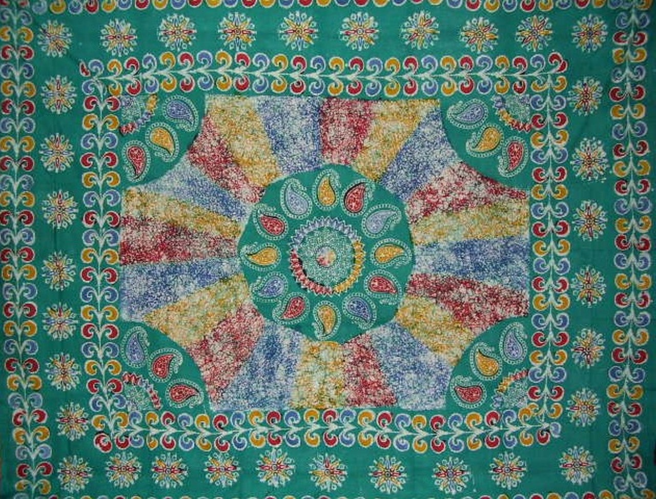 Batik Tapestry Cotton Bedspread 108" x 88" Full-Queen Green