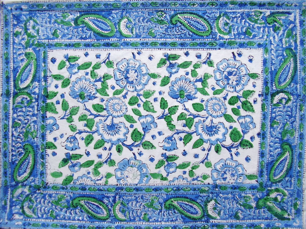 Primitive Floral Hand Block Printed Cotton Table Placemat 20" x 14" Blue